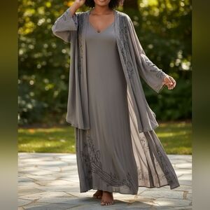 Roaman's NOS 2 Pc Plus  Sheer Gray Chiffon Whimseygoth Maxi Slip Dress Sz 33